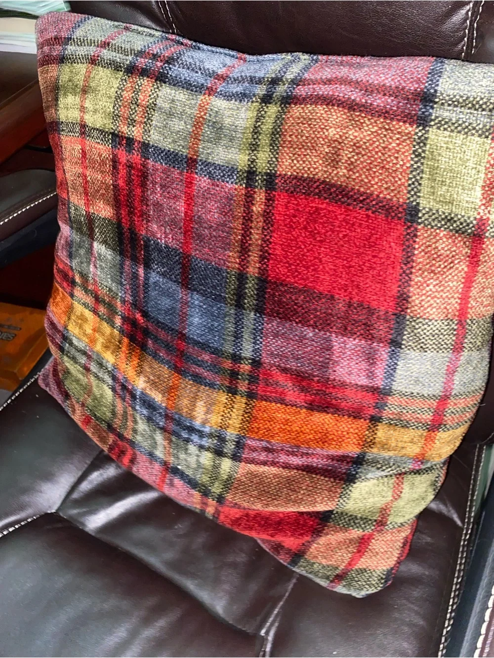 Autumnal Plaid Chenille Accent Pillow - Cozy Fall Decor